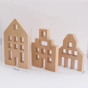 Lucite Block Cube with Wooden Houses Set- Open Ended Toys