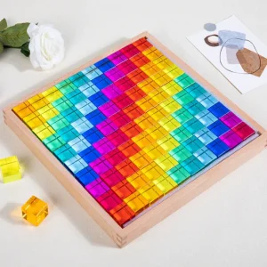 Lucite Block Cube with Wooden Houses Set- Open Ended Toys