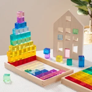 Lucite Block Cube with Wooden Houses Set- Open Ended Toys
