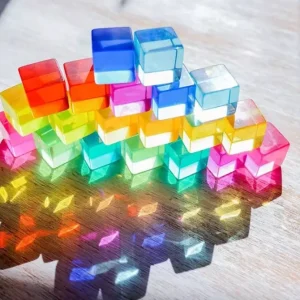 Lucite Block Cube with Wooden Houses Set- Open Ended Toys