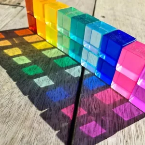 Lucite Block Cube with Wooden Houses Set- Open Ended Toys