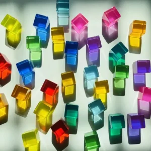 Lucite Block Cube with Wooden Houses Set- Open Ended Toys