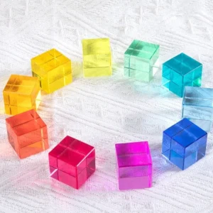 Lucite Block Cube with Wooden Houses Set- Open Ended Toys