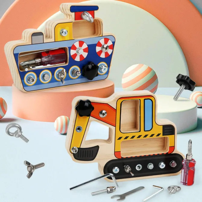 wooden_busy_board_set_of__1.webp Wooden Busy Board Set of 3 ( Airplane, Boat and Digger)- The best fine motor toys